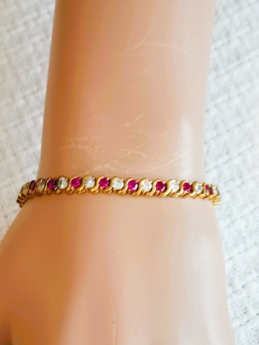 Red Spinel Tennis Bracelet 7" Gold Tone
